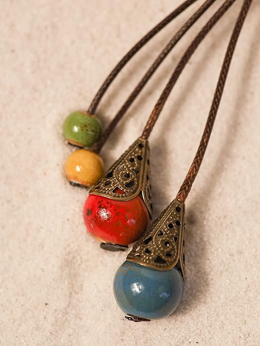 MINACHI Vintage Bohemian Leaf Charm Colorful Ceramic Bead Long Y Necklace, Boho Jewelry Gift for Women