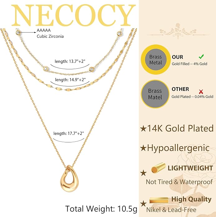 NECOCY Valentine's Day Gift 14k Gold/Silver Plated Layered Gold Necklaces for Women, 3Pcs Dainty Herringbone Choker Set, Trendy Stack Simple Chain Layering Pendant Jewelry
