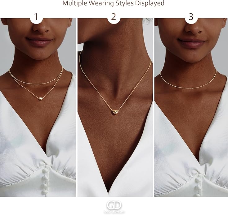 OGD Heart Necklace for Women, 14K Gold Plated Layered Tiny Puffy Heart Pendant Necklace Cute Chunky Heart Choker Necklace Simple Gold Necklace Jewelry for Women Trendy Gift