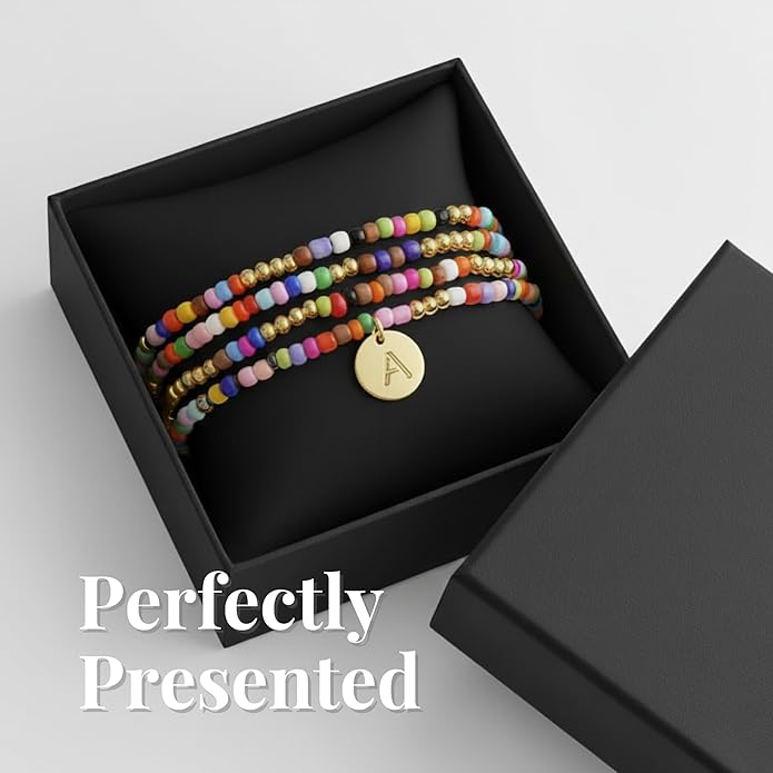 Set of 4 Colorful Bead Initial Bracelets, Personalized Stackable Jewelry, Adjustable Stretchy Charm Bracelets for Women, Beaded Bracelet Set, Trendy Custom Jewelry Gift