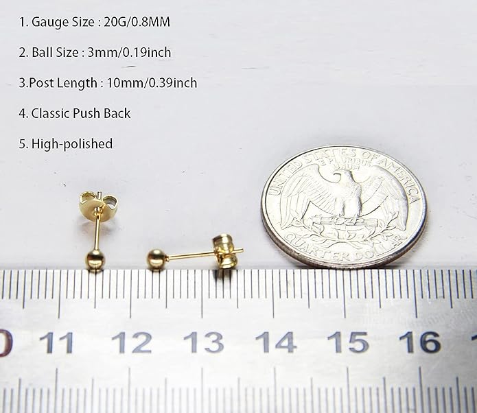 14K Gold Filled Polished Small CZ Pearl Ball Stud Earrings Set for Women Men 20G Surgical Steel Hypoallergenic Piercing Studs for Sensitive Ear, Pack of 6 Pairs