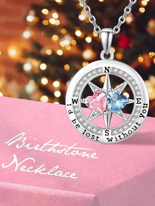 Compass Necklace for Women, Exquisite S925 Valentines Day Anniversary Birthday Gifts for Wife Her Double Birthstone Pendant Jewelry ‘I'd be Lost Without You’