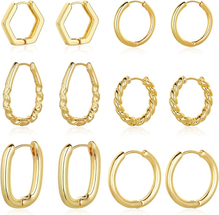 Wgoud Chunky Hoop Earrings Set 14K Gold Plated Hoop Earrings for Women Hypoallergenic, Thick Twisted Huggie Hoops Earring Set