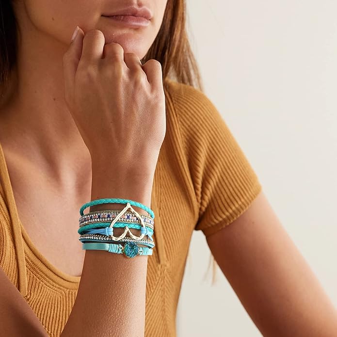 Suyi Multilayer Leather Wrap Bracelet Heart-Shape Wide Cuff Bracelets for Women