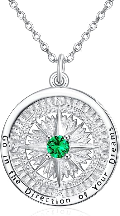 KINGWHYTE Graduation Gifts Birthstone Necklace for Women 925 Sterling Silver Compass Pendant Go in the Direction of your Dream Travel Jewelry Birthday Gift for Her