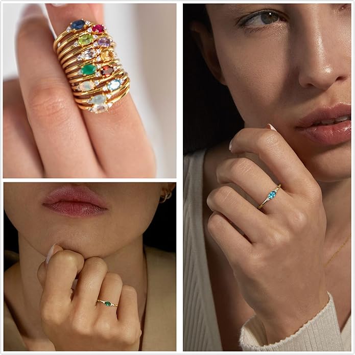 14k Gold Plated Birthstone Rings for Women Dainty Stackable Rings Non Tarnish Thumb CZ Emerald Green Gemstone Ring Cute Jewelry Birthday Valentine Gift for Mother Daughter Band Size 6-11