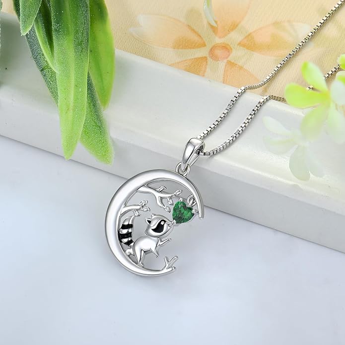 STARCHENIE Raccoon Necklace 925 Sterling Silver Heart Birthstone Pendant Cute Animal Jewelry for Women