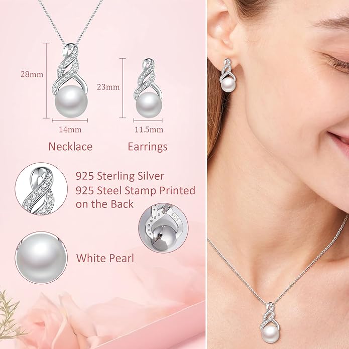 Gifts for Women-Pearl Necklace and Earring Set -925 Sterling Silver Jewelry Set- Birthday Valentines Day Anniversary or Christmas Gifts for Wife