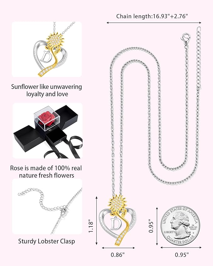 Birthday Gifts for Women Preserved Real Rose with Sunflower Initial Necklace - Birthday Gifts for Women Her Mom Wife on Valentines Mothers Day Christmas Anniversary Romantic with Pendant D
