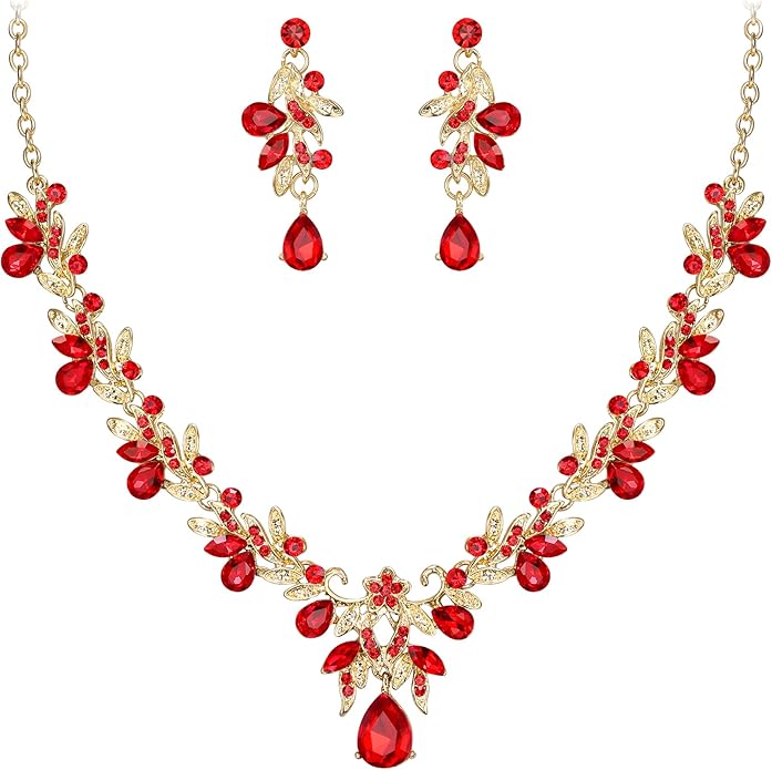 BriLove Women's Wedding Jewelery Set Leaf Flower Crystal Teardrop Marquise Cluster Pendant Necklace Dangle Earrings for Bridal Party