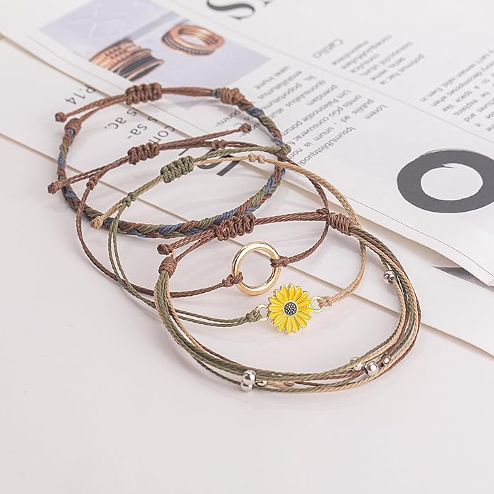 FANCY SHINY Sunflower String Bracelet Boho Braided Rope Wrap Bracelets Cute Summer Beach Surfer Jewelry for Women