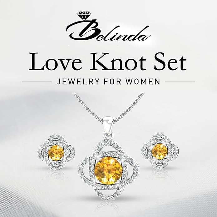 Women 925 Sterling Silver Cute Love Knot Sparkling Gemstone Push Back Stud Earrings Hanging Pendant Necklace Beautiful Fine Jewelry Accessory Set, 1.65 Carat