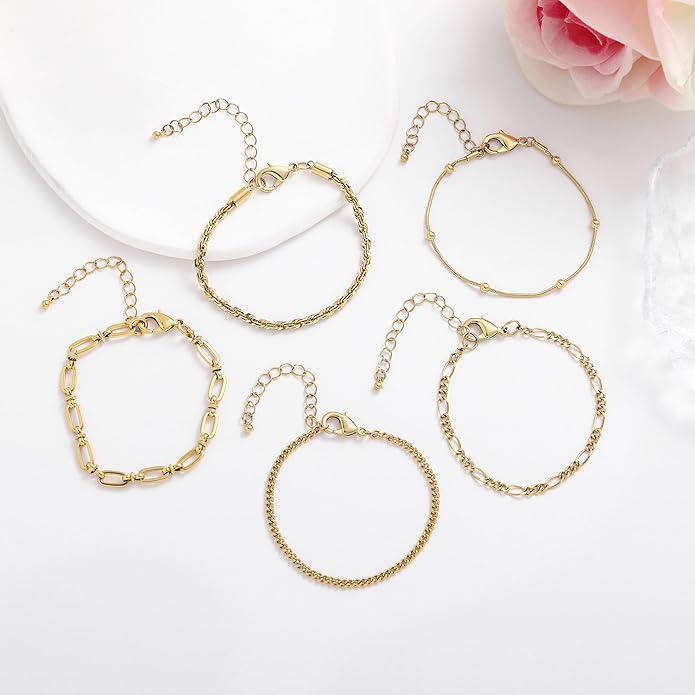 wgoud Dainty Gold Chain Bracelets, 14K Real Gold Plated Link Bracelets for Women, Trendy Stackable Bracelet Set, Waterproof Adjustable