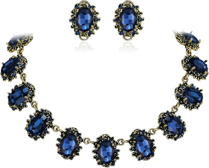BriLove Victorian Style Statement Necklace Pierced Earrings Jewelry Set for Women Crystal Floral Cameo Inspired Oval Jewellery for Party Prom