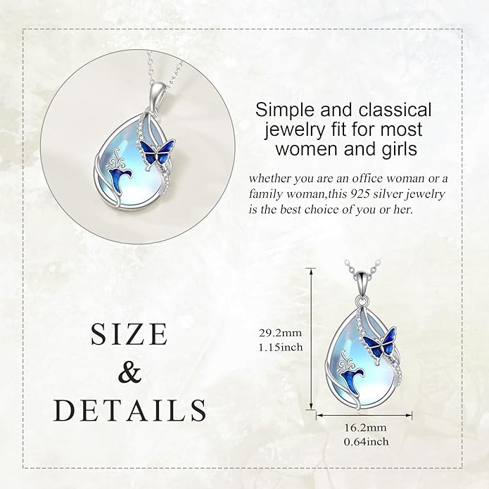 KQF Dragonfly/Butterlfy/Cat/Jellyfish/Bunny/Axolotl/Bee/Mermaid/Hummingbird/Elephant Necklace for Women Sterling Silver Moonstone Pendant Necklace Dragonfly Jewelry Gifts for Women