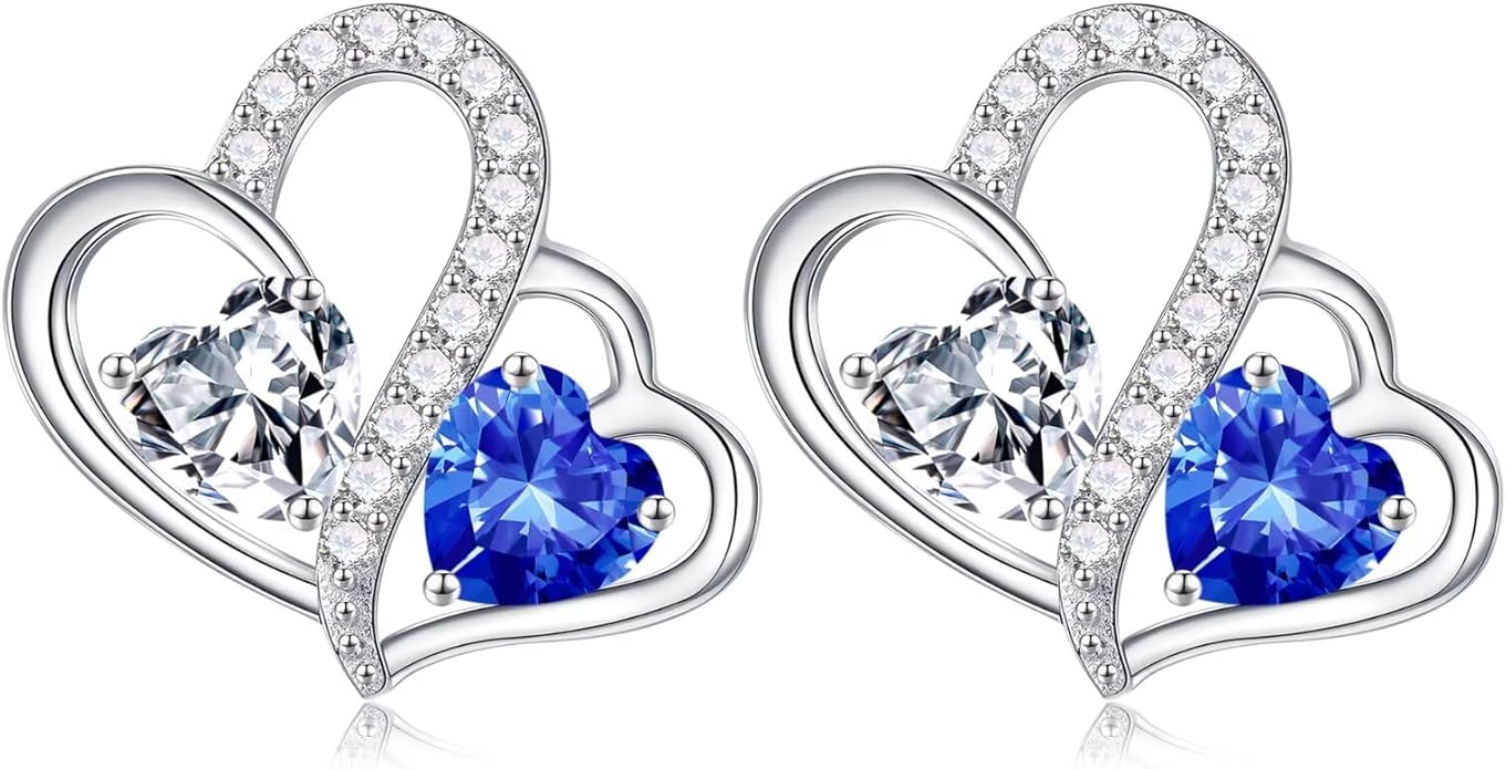 Iefil Valentines Day Gifts for Her - Birthstone Earrings Gift for Women, 925 Sterling Silver Double Heart Birthstone Earrings | Anniversary Birthday Gifts for Women, Personalized Jewelry for Wife Mom