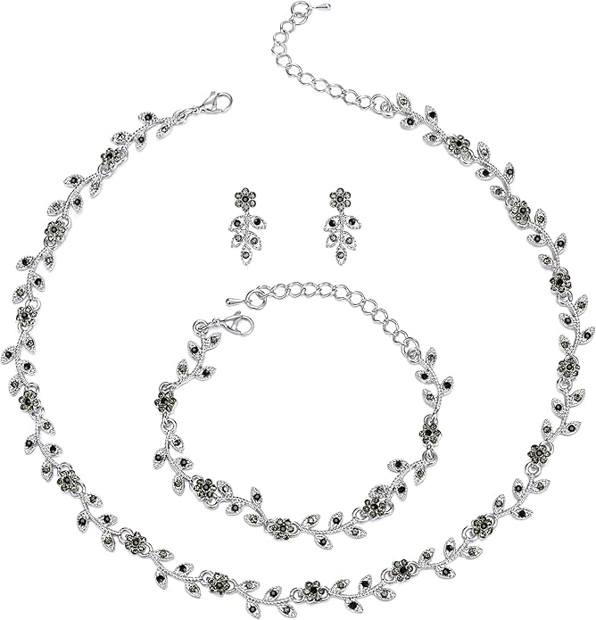 BriLove Wedding Jewelry Set for Women Bride, Gorgeous Stunning Crystal Flower Leaf Cluster Choker Necklace Link Bracelet Stud Earrings Bridal Bridesmaid