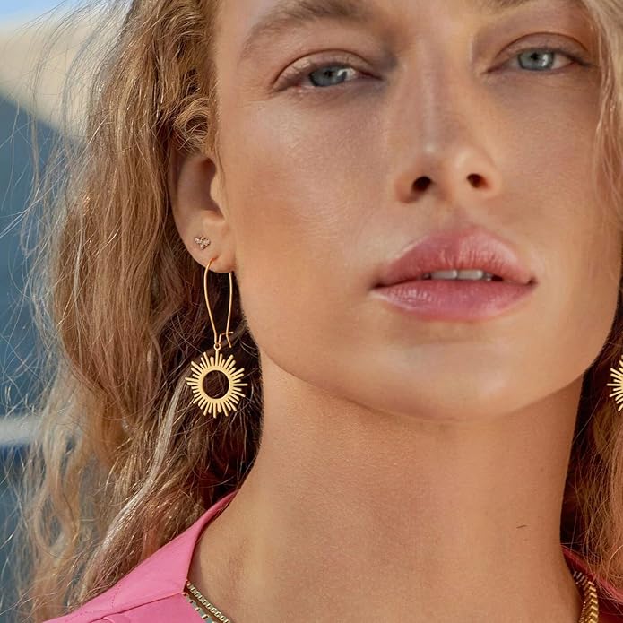 SOFYBJA Dainty 18K Gold Plated Disc Ball Triangle Sunburst Drop Earrings Long Dangle Lightweight Handmade Earrings Jewelry