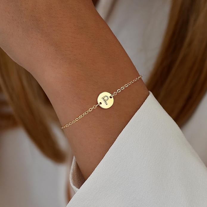 Ursteel Gold Initial Bracelet for Women Trendy - Valentines Day Gifts for Kids Teen Girls, Personalized A-Z Letter Cute Bracelet for Women, Dainty Gold Coin Disc Womens Jewelry Gifts