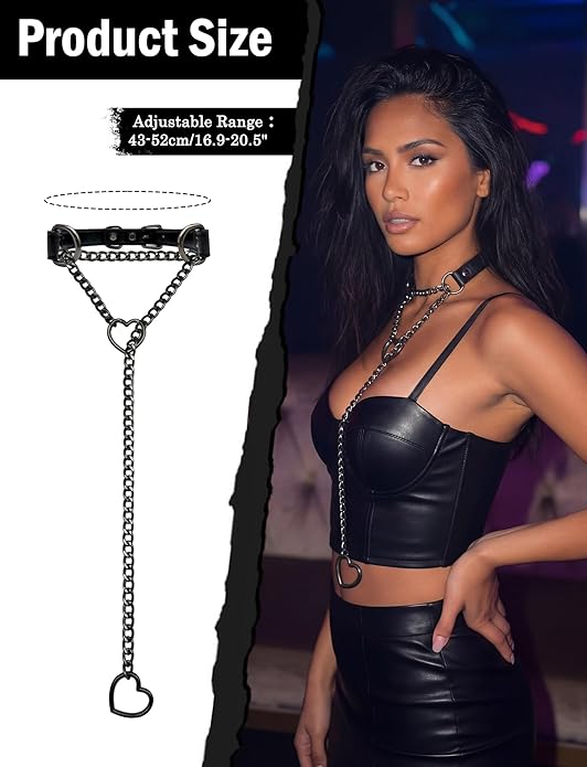 FEOYA Black Leather Heart Choker Necklace for Women Punk Gothic O-Ring Slip Chain Collar with Adjustable Buckle