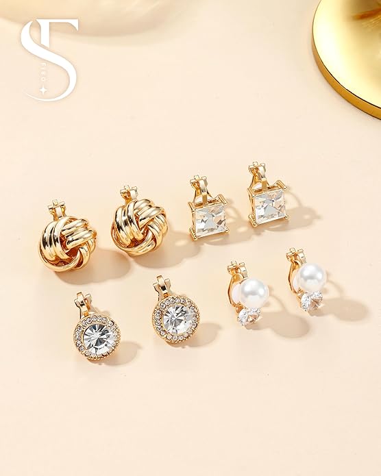 FIBO STEEL 10 Pairs Clip On Earrings for Women Non Pierced Ears CZ Pearl Knot Twist Chunky Hoop and Studs Earring Set Ear Clips Jewelry 14K Gold Plated