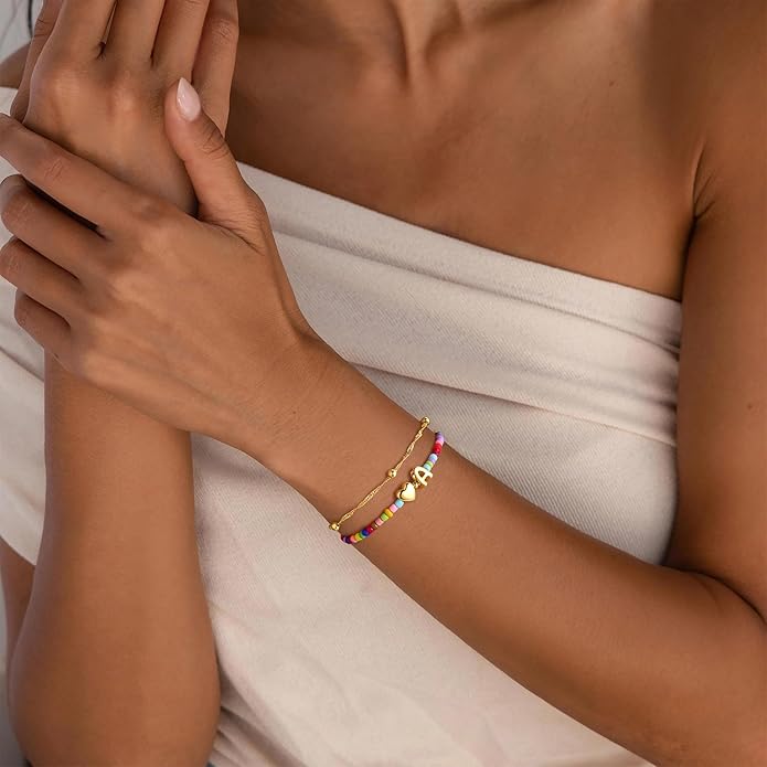 Ursteel Valentines Day Gifts for Kids Teen Girls - 14K Gold Plated Beaded Letter A-Z Bracelet, Layered Stretch Initial Bracelets, Women Trendy Bohemian Jewelry Birthday Gifts