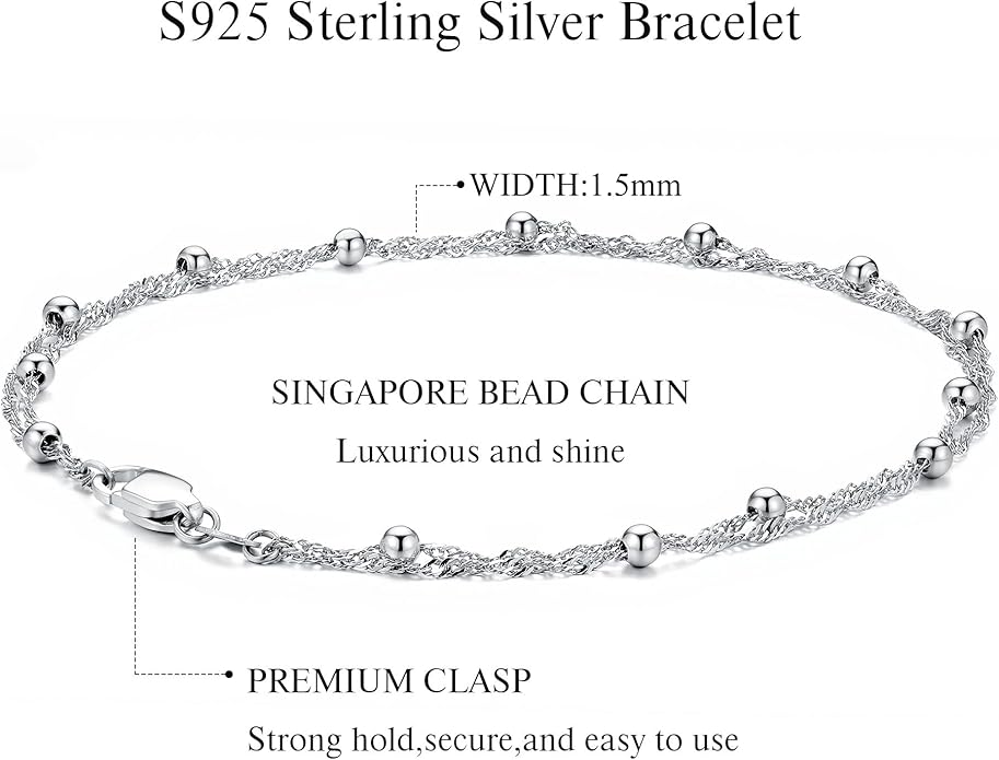 IEFWELL S925 Sterling Silver Bracelet for Women - 1.5mm Singapore Chain Bracelet, Dainty Double Strand Satellite Bead Bracelets, 6.5/7/7.5/8/8.5/9 Inches Jewelry Gifts for Women Her