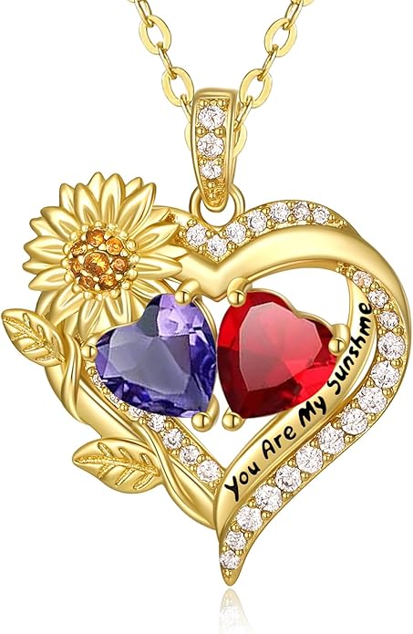 Sunflower Heart Necklace for Women 14K Gold Exquisite Valentines Day Anniversary Birthday Gifts for Wife Mother Her Double Birthstone Pendant Jewelry‘You Are My Sunshine’