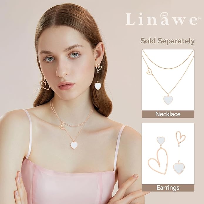 Linawe Layered Choker Heart Pendant Necklace for Women Trendy, Gold/Silver/Rose Gold Chain Stainless Steel Stacked Necklaces, Double Heart Necklace Y2K Preppy Jewelry