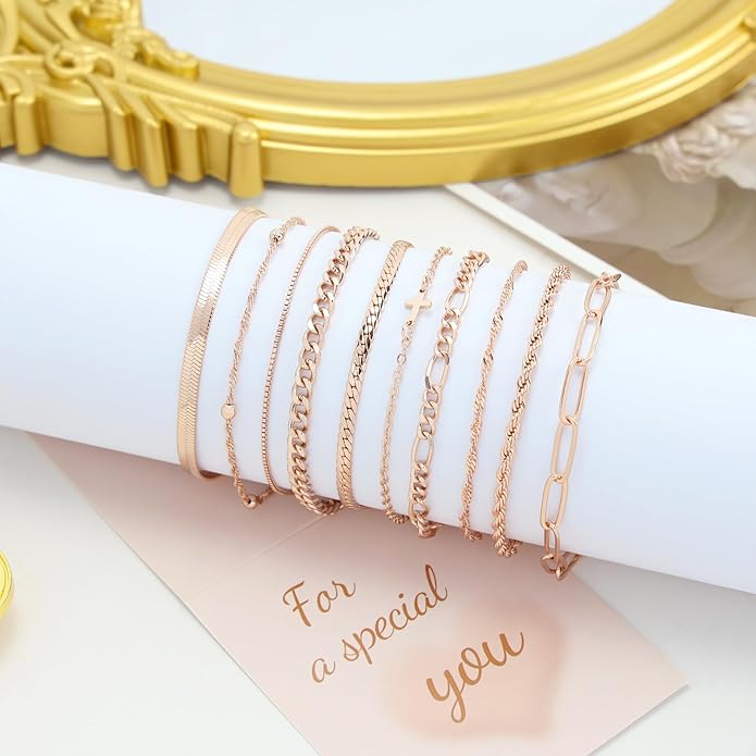 XIANNVXI 10pcs Rose Gold/Gold/Silver Bracelets Stack for Women Dainty Thin Rose Gold Bracelets Set Silver Chain Bracelet Paper Clip Stackable Figaro Herringbone Paperclip Bracelet Pack for Womens