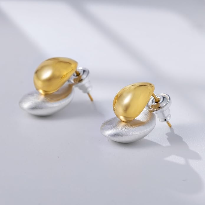 Two-Tone Chunky Oval Ball Earrings for Women, 2 in 1 Gold Silver Front and Back Stud Earrings, Lightweight 925 Sterling Silver Post, Fashion Jewelry Gift