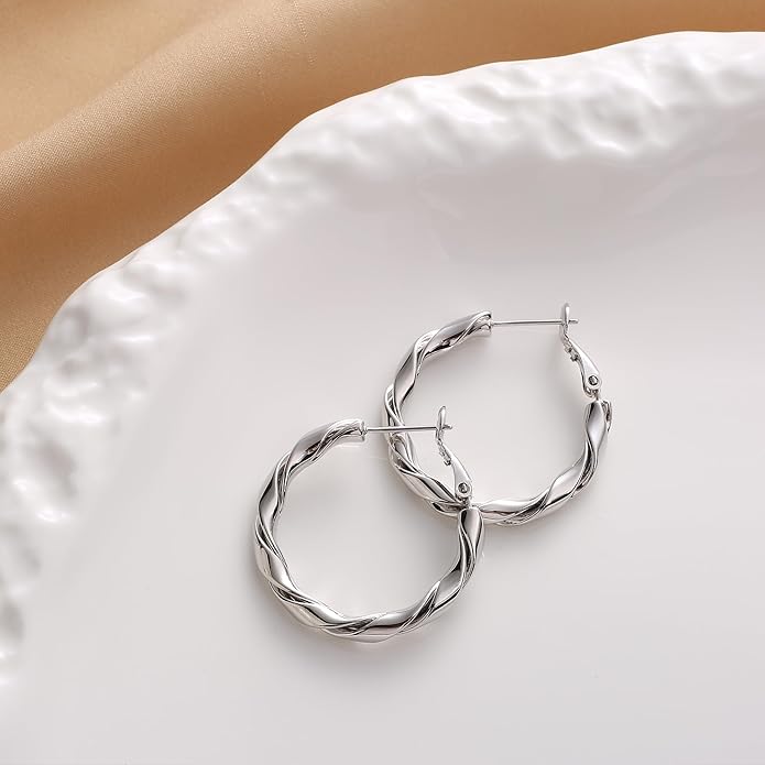 14k Gold Plated Hoop Earrings for Women, 925 Sterling Silver Posts Thick Twist Hypoallergenic Chunky Large Earrings 20mm 30mm 40mm 50mm