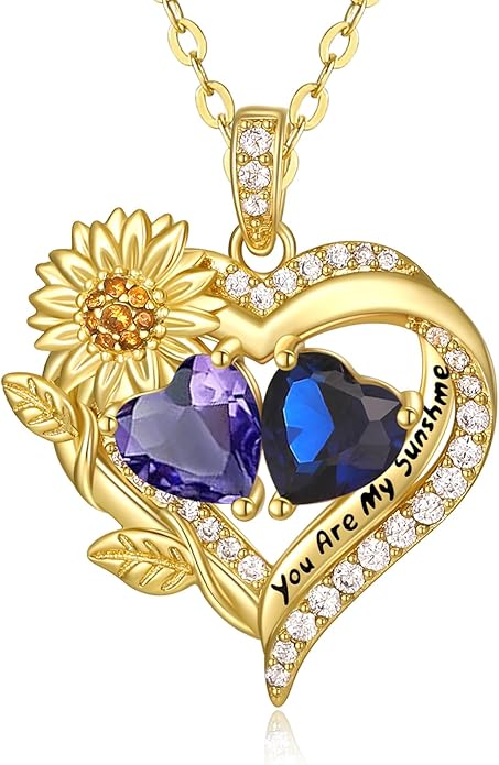 Sunflower Heart Necklace for Women 14K Gold Exquisite Valentines Day Anniversary Birthday Gifts for Wife Mother Her Double Birthstone Pendant Jewelry‘You Are My Sunshine’