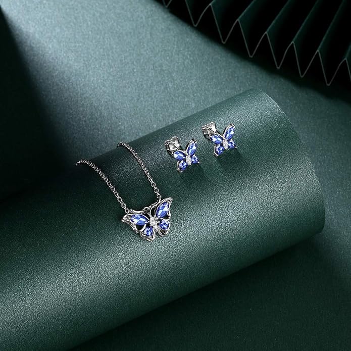 925 Sterling Silver Birthstone Butterfly Jewelry Women Crystal Animal Cute Butterflies Birthday Necklace/Earring/Ring/Bracelet Sets Birth Stone Statement Anniversary Jewellery