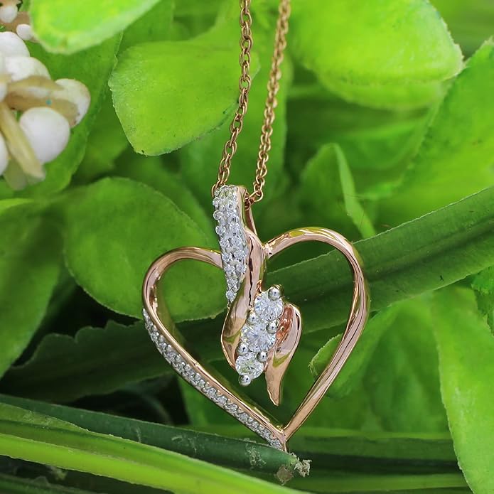 3 Stone Heart Pendant Necklace for Women in 14K Gold Over 925 Sterling Silver, Natural Diamond, Moissanite or Lab-Grown Diamond (0.25 Ct), Dainty Jewelry Gift with 18" Chain for Her Valentine’s Day
