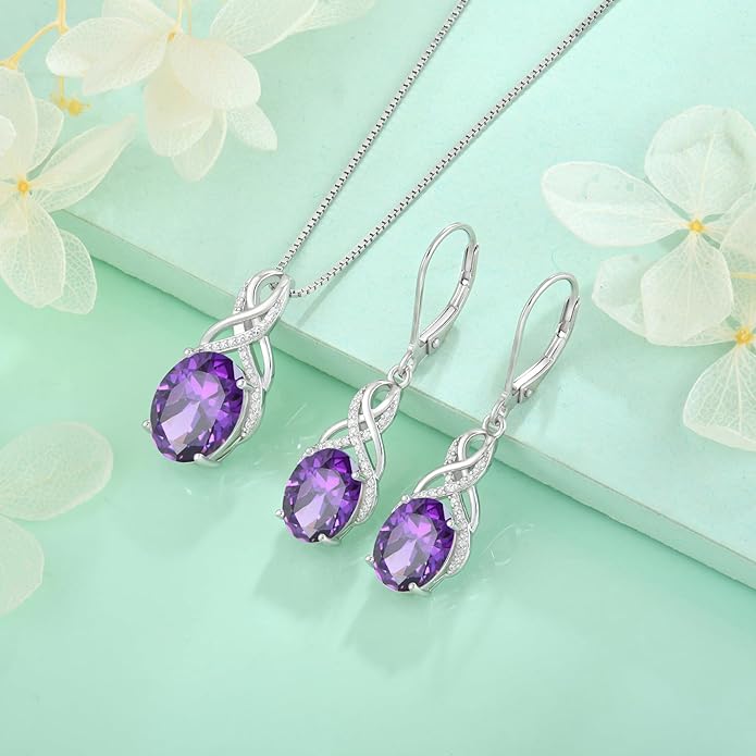 STARCHENIE 925 Sterling Silver Infinity Necklace Earrings for Women Amethyst Drop Dangle Earrings Oval Cut Birthstone Pendant Jewelry Set Gift