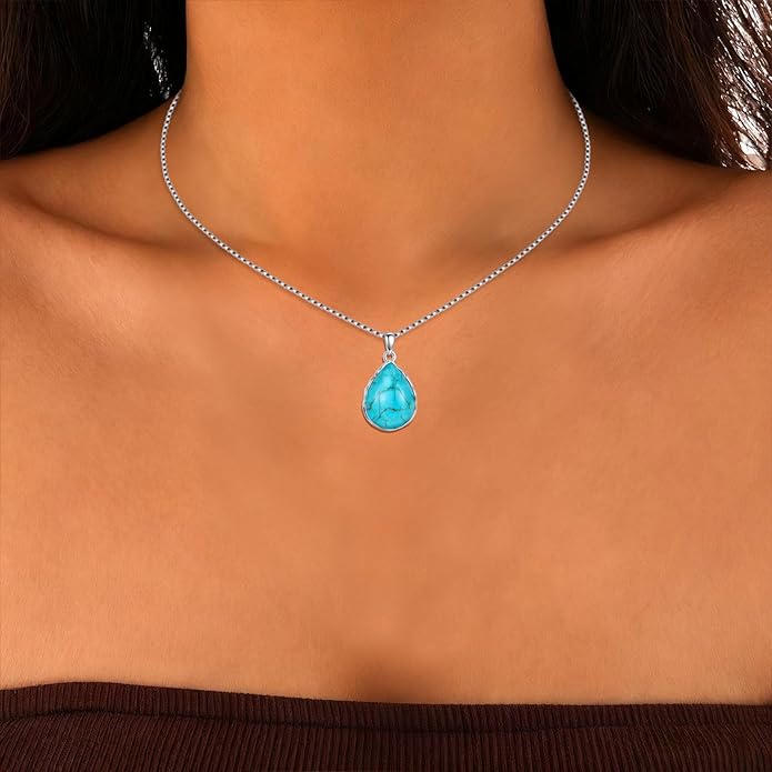 Genuine Turquoise Teardrop Necklace,925 Sterling Silver Native American Boho Western Dainty Pendant Real Gemstone Jewelry Birthdays Gift for Women Minimalist Lover