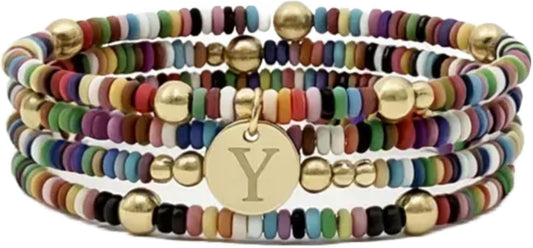 Set of 4 Colorful Bead Initial Bracelets, Personalized Stackable Jewelry, Adjustable Stretchy Charm Bracelets for Women, Beaded Bracelet Set, Trendy Custom Jewelry Gift
