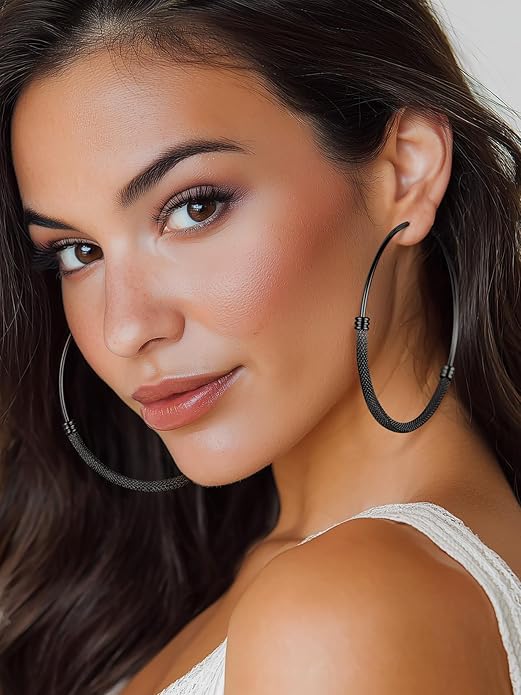 KeyStyle Mesh Hoop Earrings for Women, Stainless Steel Gold Hoops Earring Lightweight Loops, 2MM Thick Hypoallergenic Circle Endless Hollow Hoop 20mm-80mm