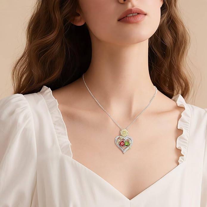 Iefil Valentines Day Gifts for Her - 925 Sterling Silver Sunflower Double Birthstone Necklace for Women, Anniversary Birthday Gifts for Wife, You Are My Sunshine Necklaces, Jewelry for Wife Mom