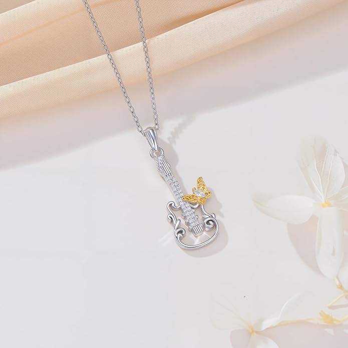 Violinist Necklace Sterling Silver Music Crystal Jewelry Saxophone Cello Violin Piano Flute Music Note Necklace Music Gifts for Women Girl Daughter