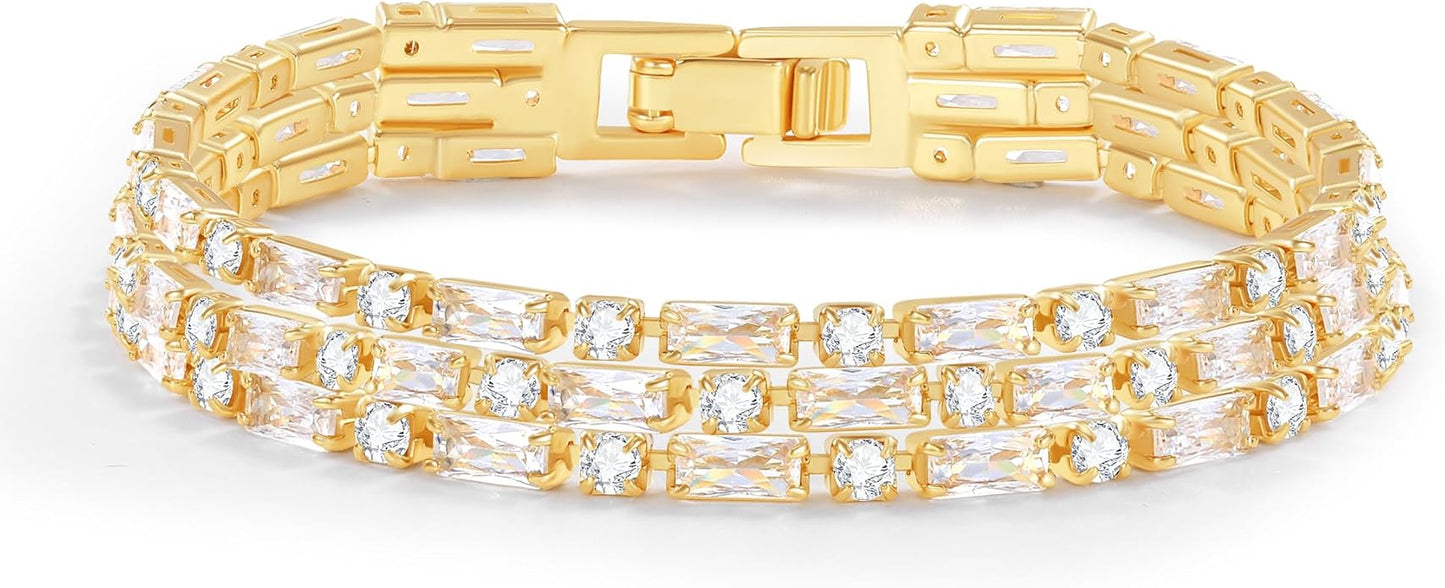 14K Gold Plated Women’s Tennis Bracelet – Sleek CZ Line Bracelet, Fits 6.0"–7.2" Wrist – Sparkly Everyday Jewelry Gift, Contemporary Tennis Bracelets for Women