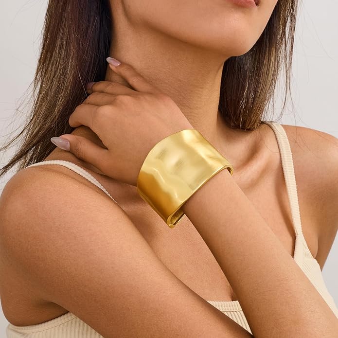 Statement Golden Matte Bracelet for women Minimalist Chunky Brushed Bangle Bracelet Vintage Thick Wide Cuff bracelet Gold Plated Open Cuff Geometric Bracelet
