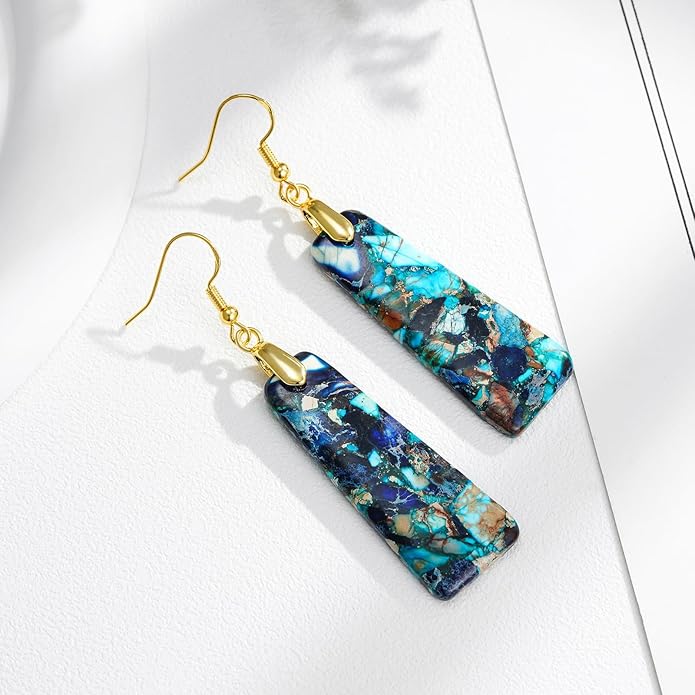 Boho Women Natural Stone Earrings Unique Healing Imperial Jasper Gemstone Energy Hypoallergenic Lightweight Dangle Drop Earrings Multiple Styles Earrings Jewelry for Birthday Party Gift