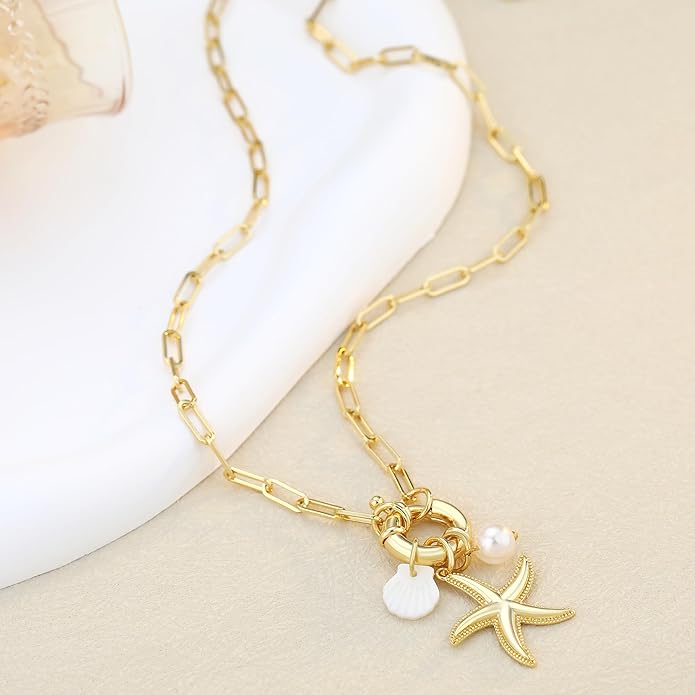 MISS RIGHT Dainty Gold Evil Eye Hamsa Hand Coin Lucky Charm Pendant Necklace for Women Trendy Vintage Paperclip Chain Sun Moon Clover Flower Chunky Charm Necklace Jewelry Gifts