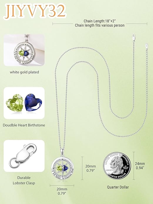 Compass Necklace for Women, Exquisite S925 Valentines Day Anniversary Birthday Gifts for Wife Her Double Birthstone Pendant Jewelry ‘I'd be Lost Without You’