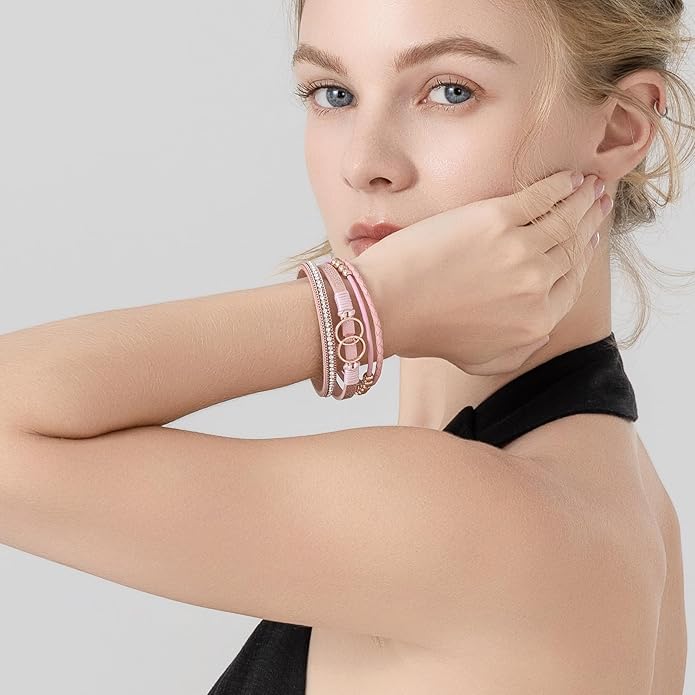 FANCY SHINY Boho Leather Wrap Bracelet Stackable Infinity Chunky Cuff Bracelets Western Hippie Outfits Jewelry Valentine Gifts for Women