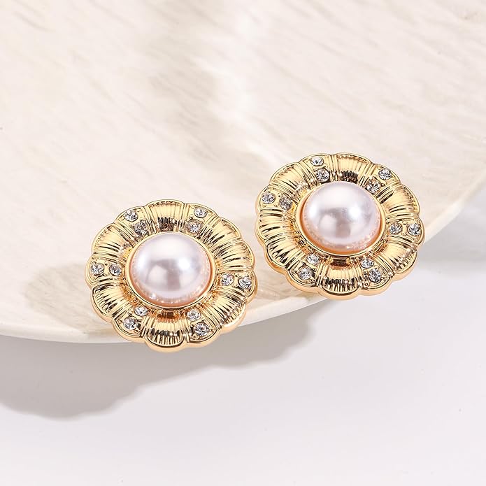 Statement Chunky Gold Earrings for Women,Crystal Rhinestone Accents Large Stud with Stone and Pearl