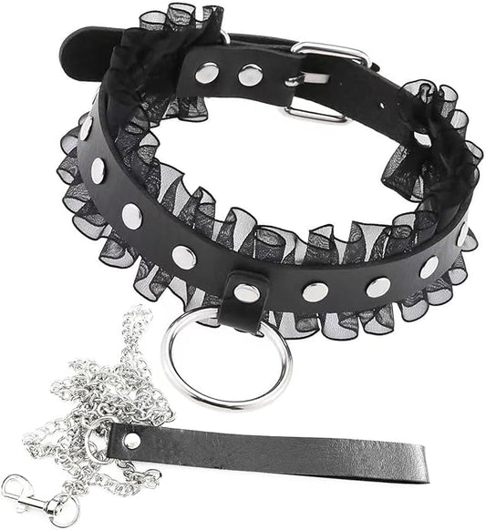 Gothic Heart Pendant Choker Necklace with Chain, Black Leather Collar, Silver Metal Hardware