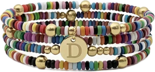 Set of 4 Colorful Bead Initial Bracelets, Personalized Stackable Jewelry, Adjustable Stretchy Charm Bracelets for Women, Beaded Bracelet Set, Trendy Custom Jewelry Gift